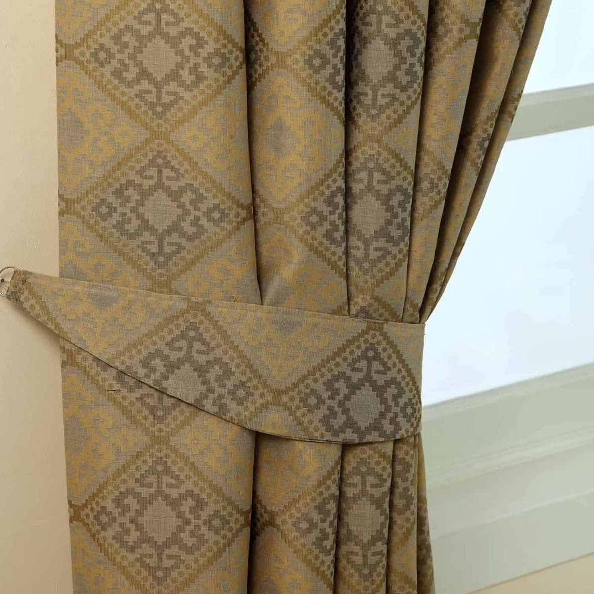 Gold Jacquard Curtain Abstract Aztec Design Fully Lined With Tie Backs, 66 X 54" Drop - Image 4
