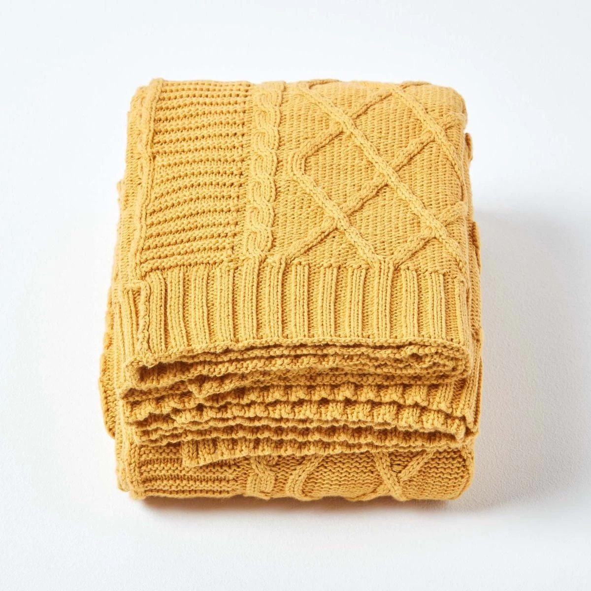 Mustard Diamond Cable Knit Cotton Throw - Image 2