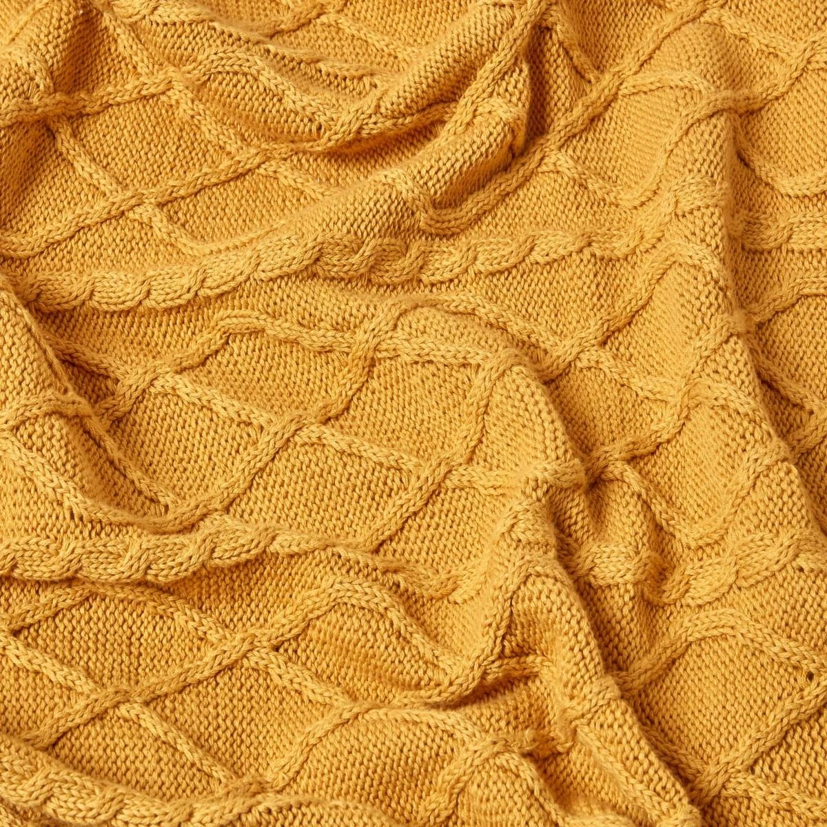 Mustard Diamond Cable Knit Cotton Throw - Image 3