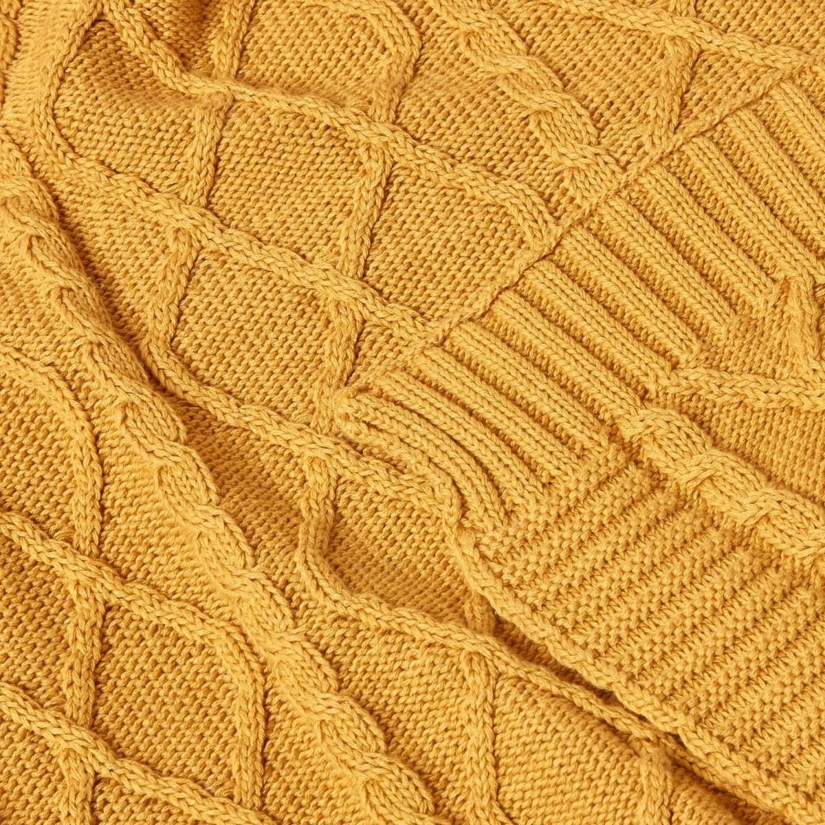 Mustard Diamond Cable Knit Cotton Throw - Image 4