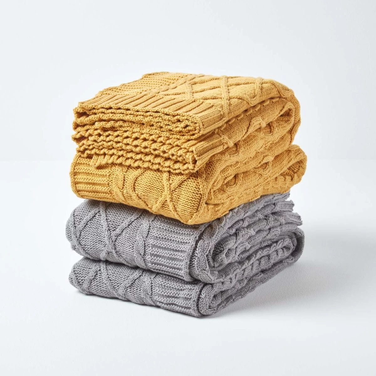Mustard Diamond Cable Knit Cotton Throw - Image 5