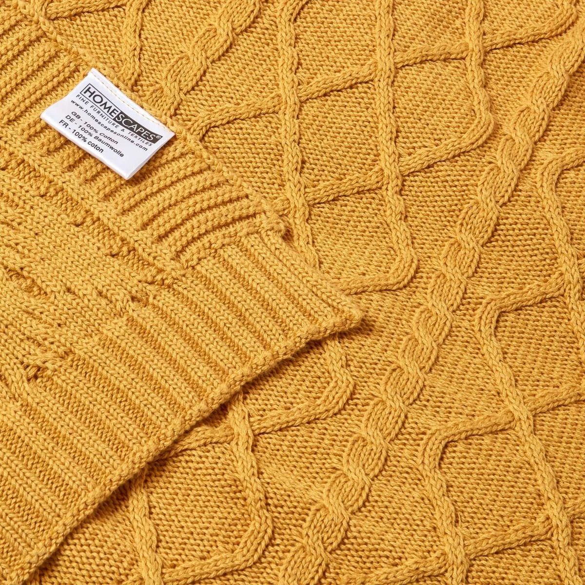 Mustard Diamond Cable Knit Cotton Throw - Image 6