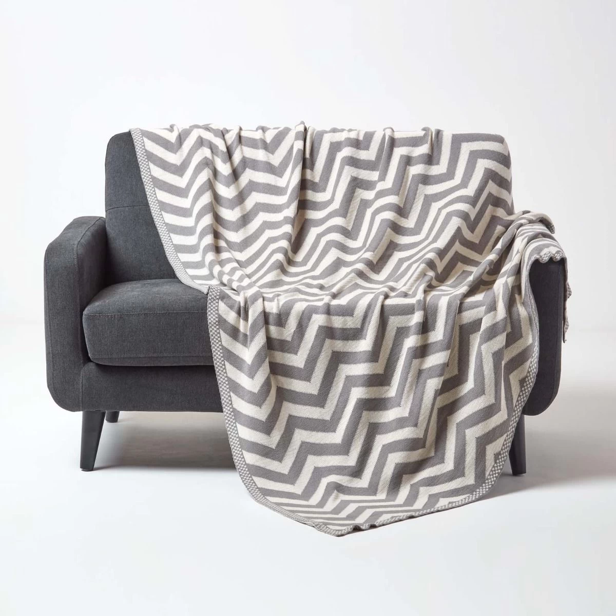 Grey Chevron Cotton Knitted Throw