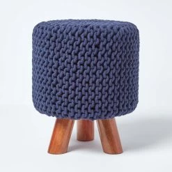 Navy Tall Cotton Knitted Footstool On Legs