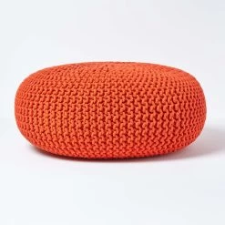 Burnt Orange Large Round Cotton Knitted Pouffe Footstool