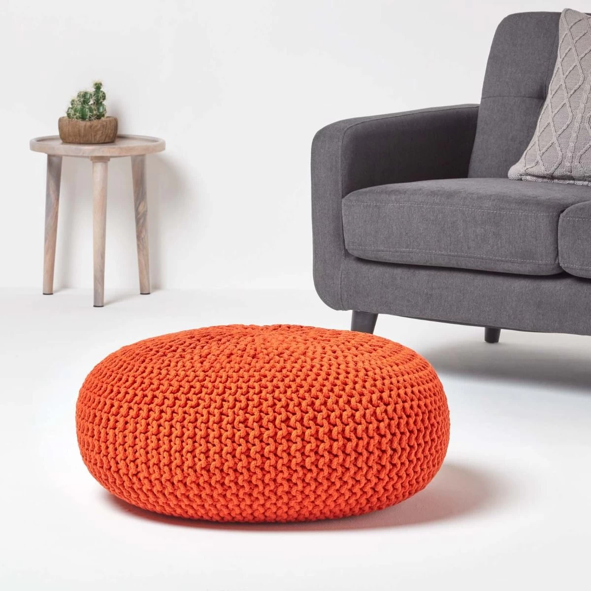 Burnt Orange Large Round Cotton Knitted Pouffe Footstool - Image 2