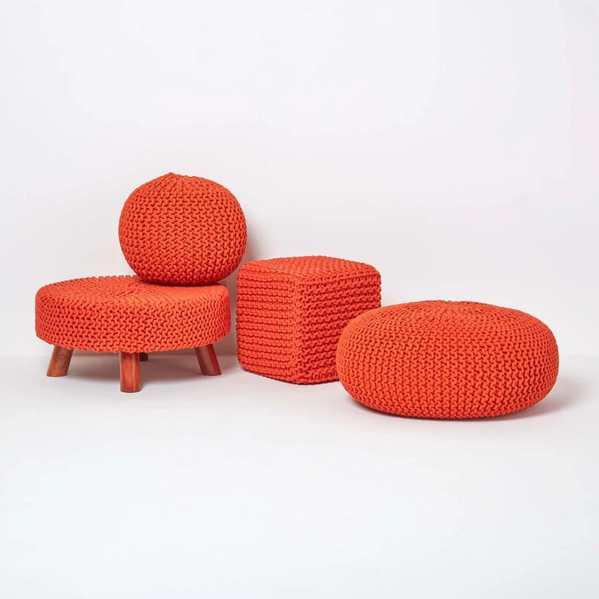 Burnt Orange Large Round Cotton Knitted Pouffe Footstool - Image 5