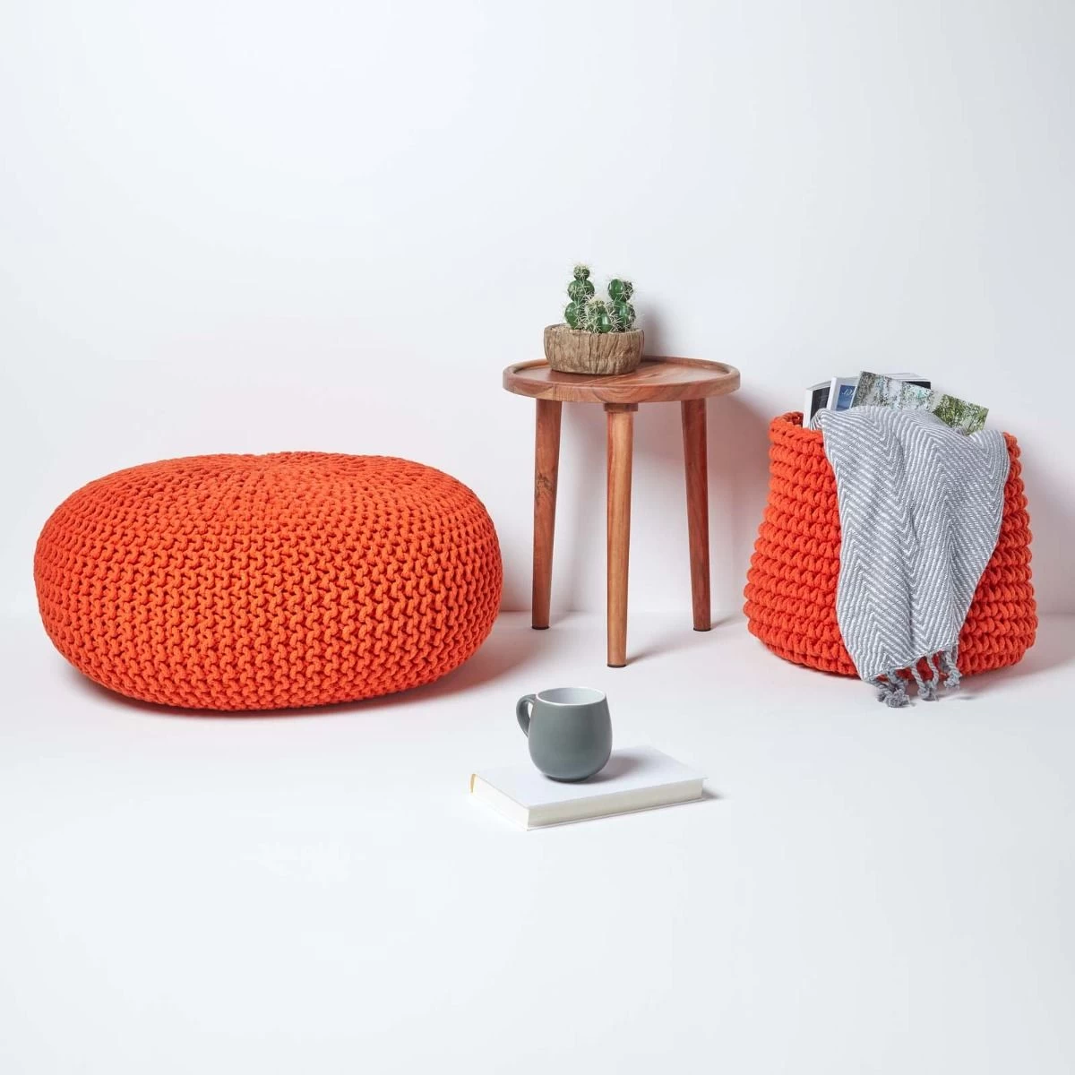 Burnt Orange Large Round Cotton Knitted Pouffe Footstool - Image 6