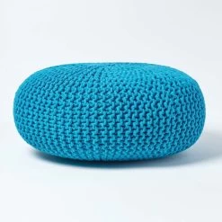 Teal Blue Large Round Cotton Knitted Pouffe Footstool