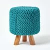 Teal Blue Tall Cotton Knitted Footstool On Legs
