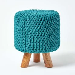 Teal Blue Tall Cotton Knitted Footstool On Legs