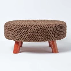 Chocolate Brown Large Round Cotton Knitted Footstool On Legs