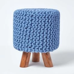 Blue Tall Cotton Knitted Footstool On Legs