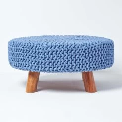 Blue Large Round Cotton Knitted Footstool On Legs