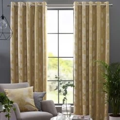 Ochre Ginkgo Eyelet Curtain Pair
