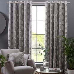Grey Ginkgo Eyelet Curtain Pair