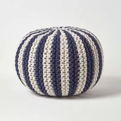 Navy And White Knitted Pouffe Striped Footstool