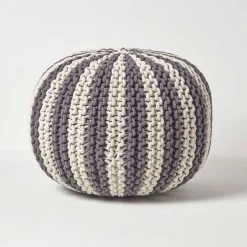 Off White And Grey Knitted Pouffe Striped Footstool