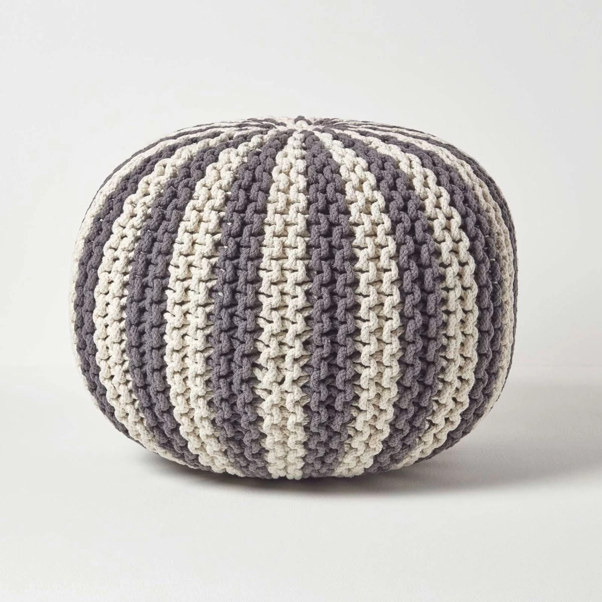 Off White And Grey Knitted Pouffe Striped Footstool