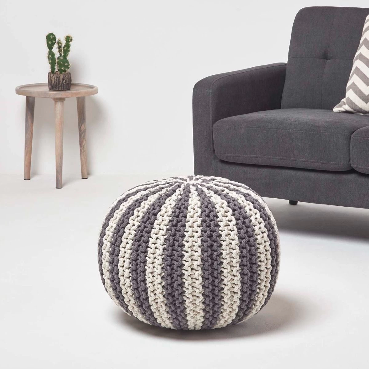 Off White And Grey Knitted Pouffe Striped Footstool - Image 2