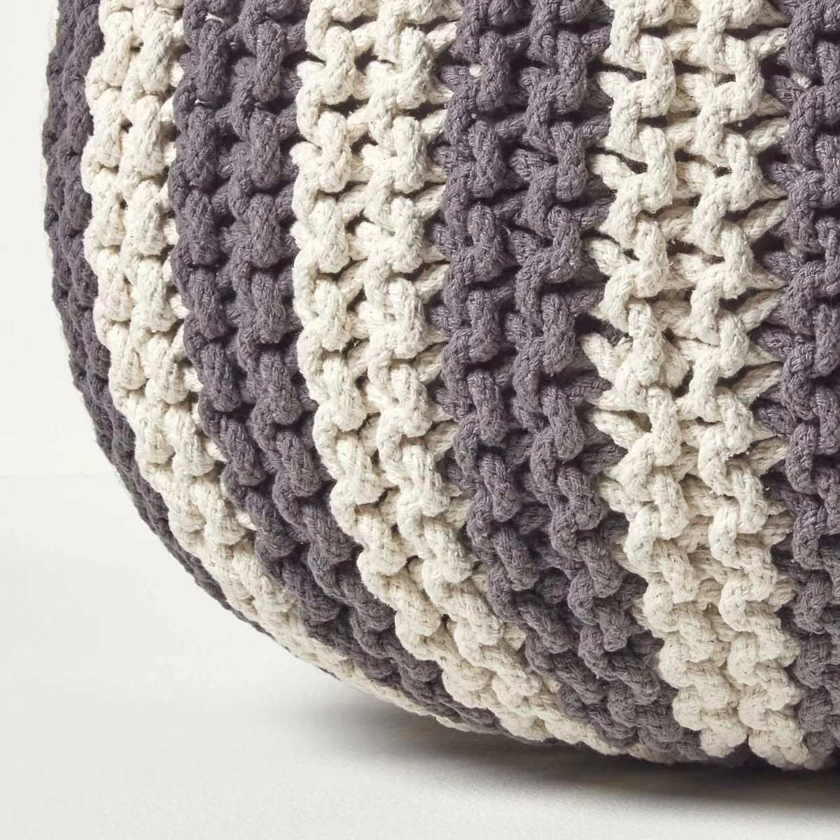 Off White And Grey Knitted Pouffe Striped Footstool - Image 4