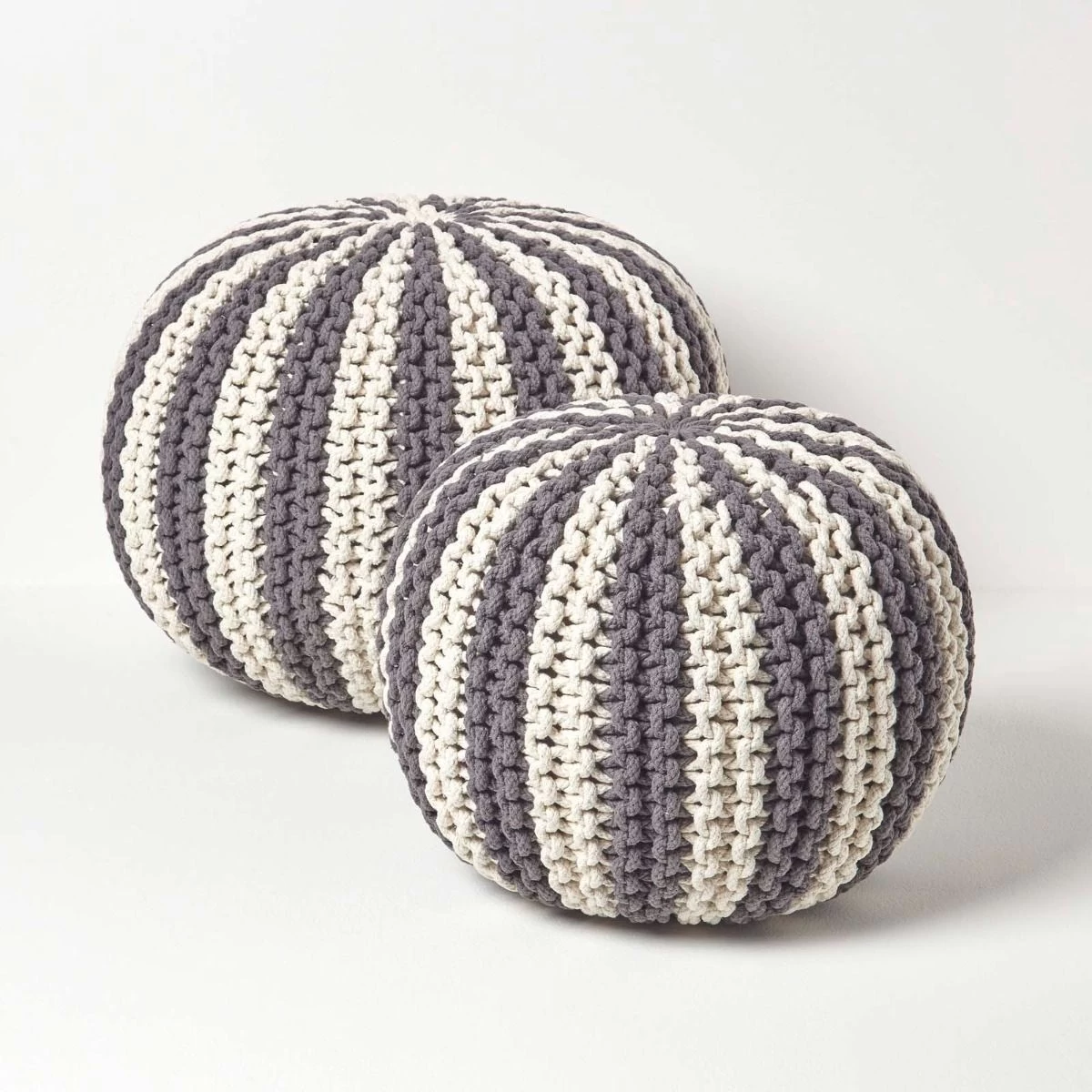 Off White And Grey Knitted Pouffe Striped Footstool - Image 5