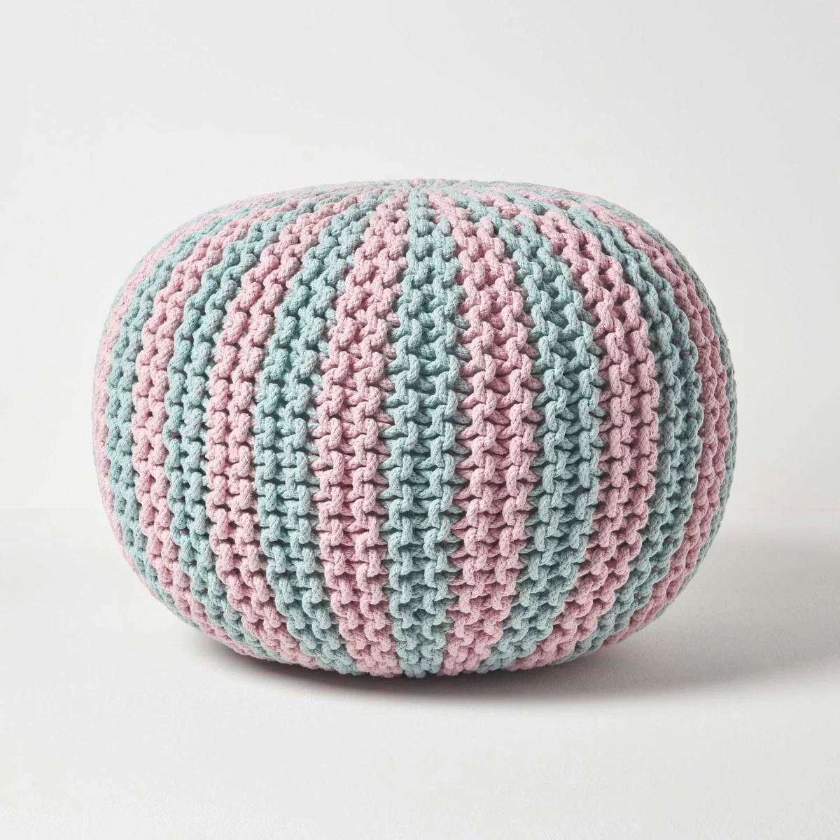 Pink And Blue Knitted Pouffe Striped Footstool