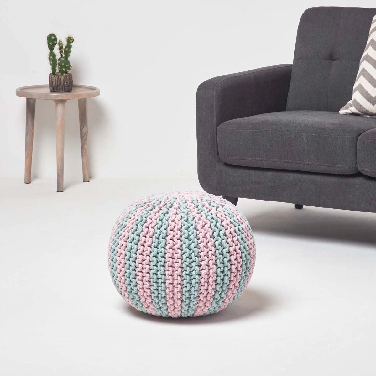 Pink And Blue Knitted Pouffe Striped Footstool - Image 2