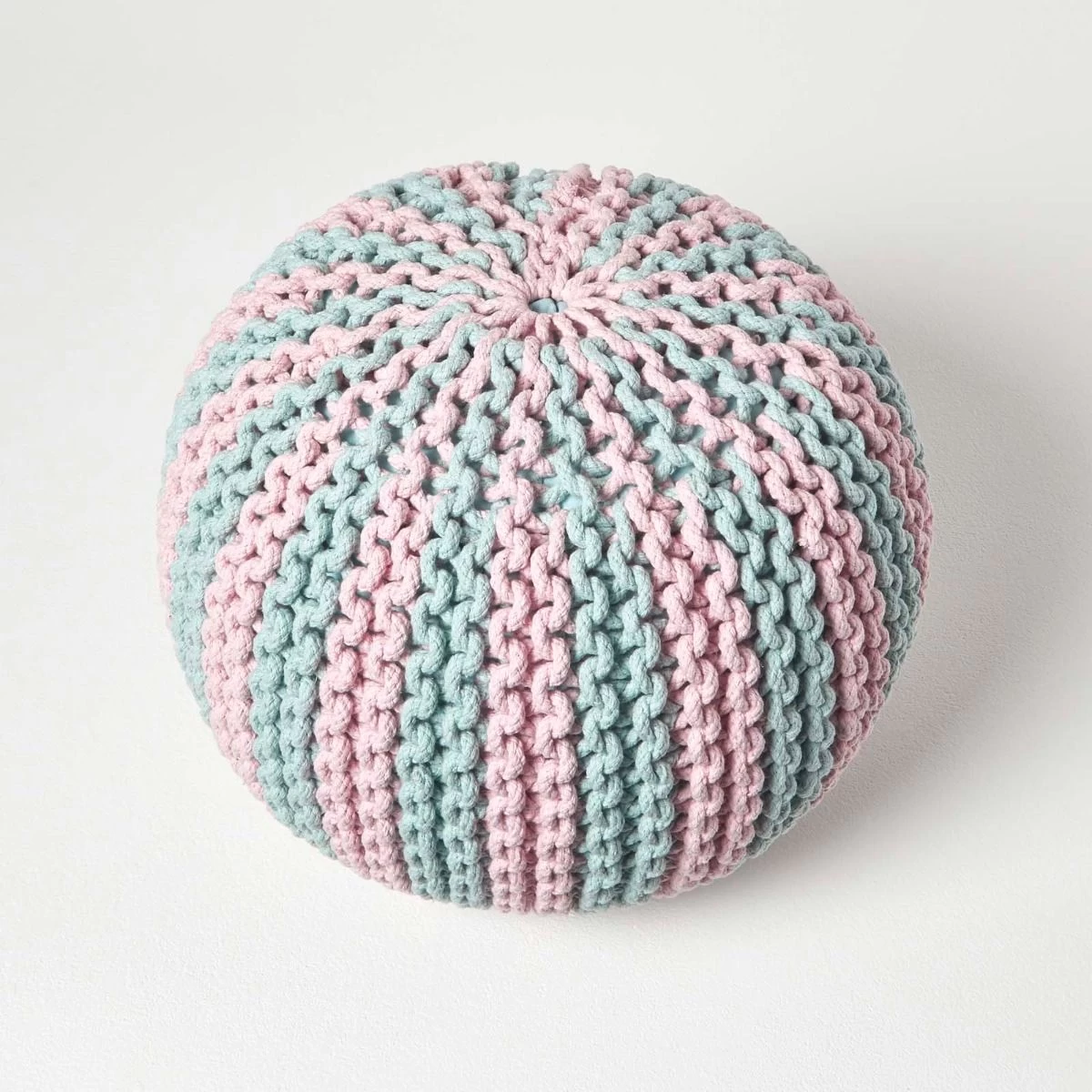 Pink And Blue Knitted Pouffe Striped Footstool - Image 3
