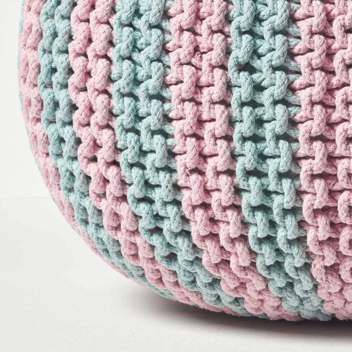 Pink And Blue Knitted Pouffe Striped Footstool - Image 4
