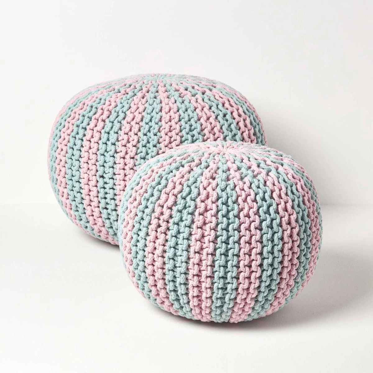 Pink And Blue Knitted Pouffe Striped Footstool - Image 5