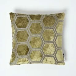 Geometric Olive Green Velvet Filled Cushion, 43 X 43 Cm