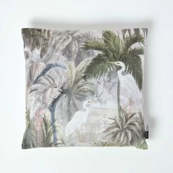 Green Printed Crane Filled Cushion, 45 X 45 Cm