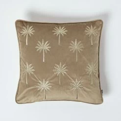 Gold Palm Tree Taupe Filled Velvet Cushion, 45 X 45 Cm