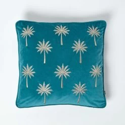 Gold Palm Tree Teal Filled Velvet Cushion, 45 X 45 Cm