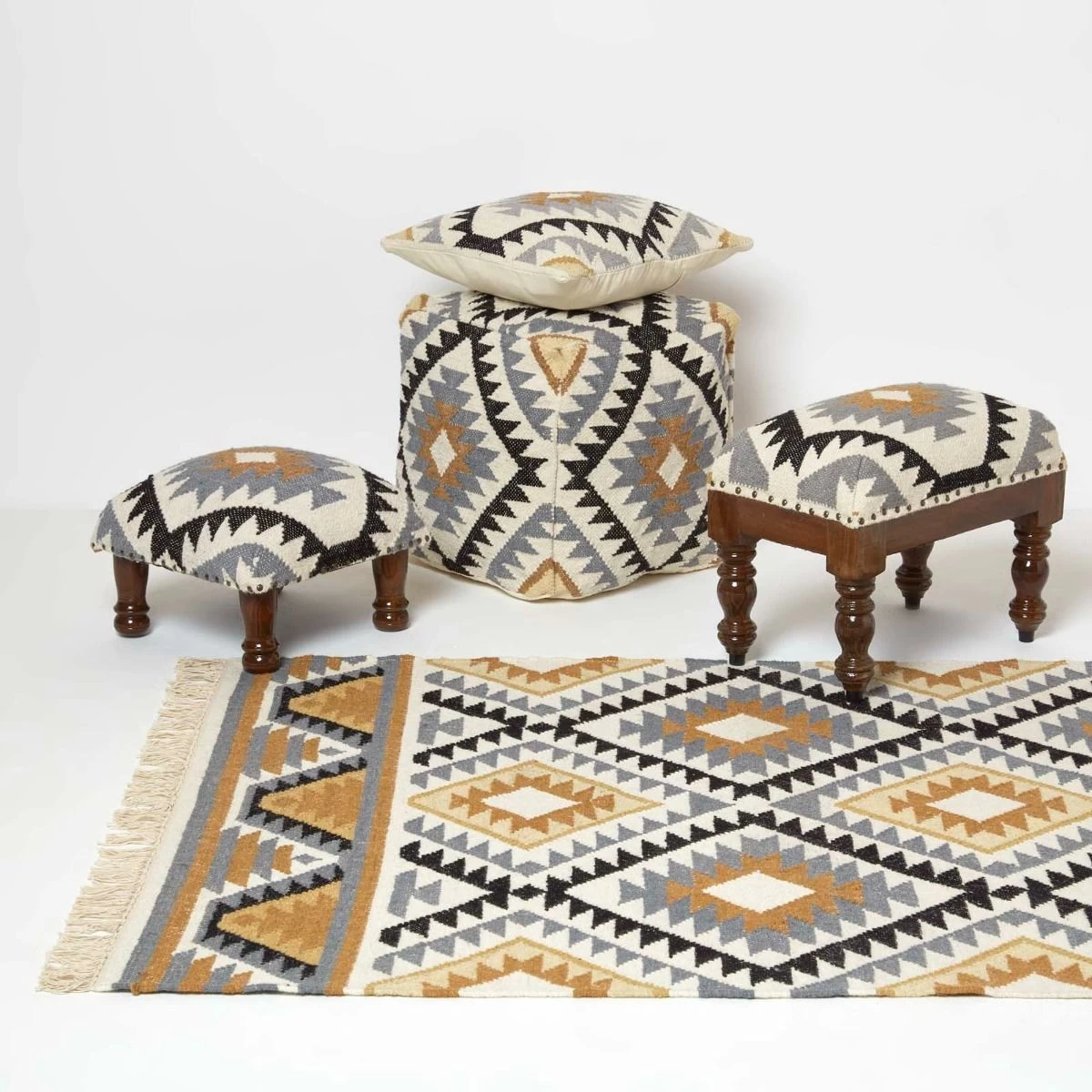 Agra Handwoven Kilim Footstool - Image 9