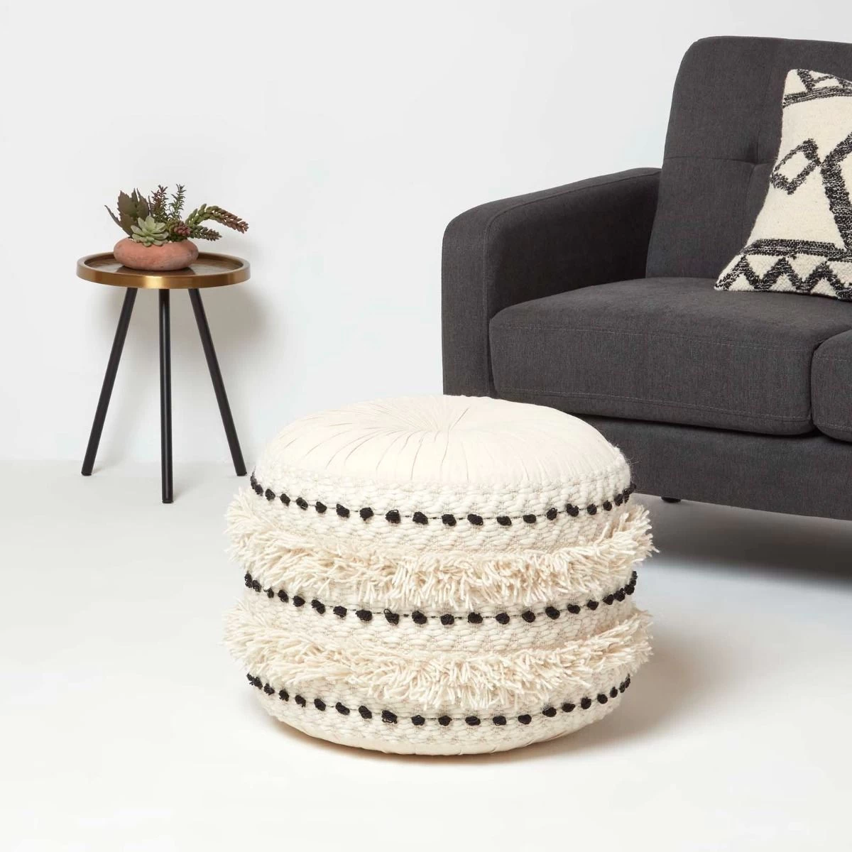 Sahara Cream & Black Macrame Tufted Boho Pouffe - Image 2