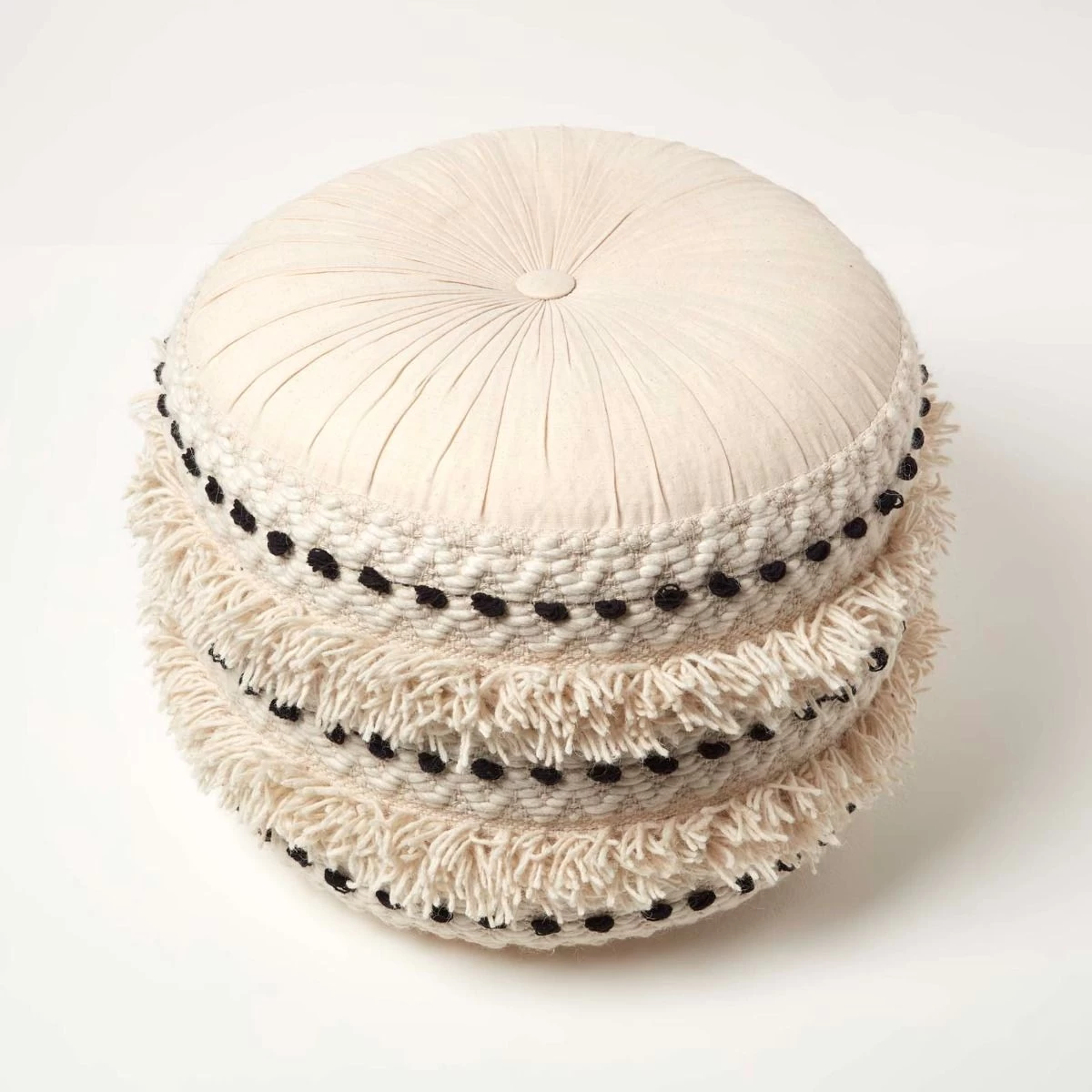 Sahara Cream & Black Macrame Tufted Boho Pouffe - Image 3