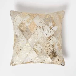 Geometric Diamond Gold & Grey Leather Cushion 45 X 45 Cm