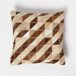 Diamond Check Cream & Brown Leather Cushion 45 X 45 Cm
