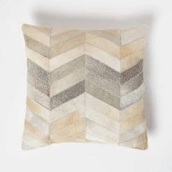 Chevron Cream & Grey Leather Cushion 45 X 45 Cm