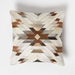 Geometric Star Brown & Cream Leather Cushion 45 X 45 Cm