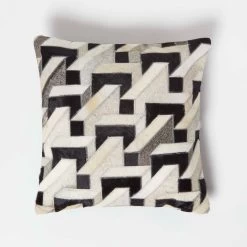 Geometric Block Brown & Cream Leather Cushion 45 X 45 Cm