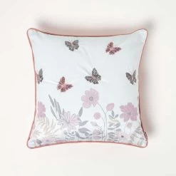 Pink Embroidered Butterfly Filled Cushion 45 X 45 Cm