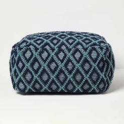 Tula Handwoven Textured Navy & Teal Pouffe Bean Cube