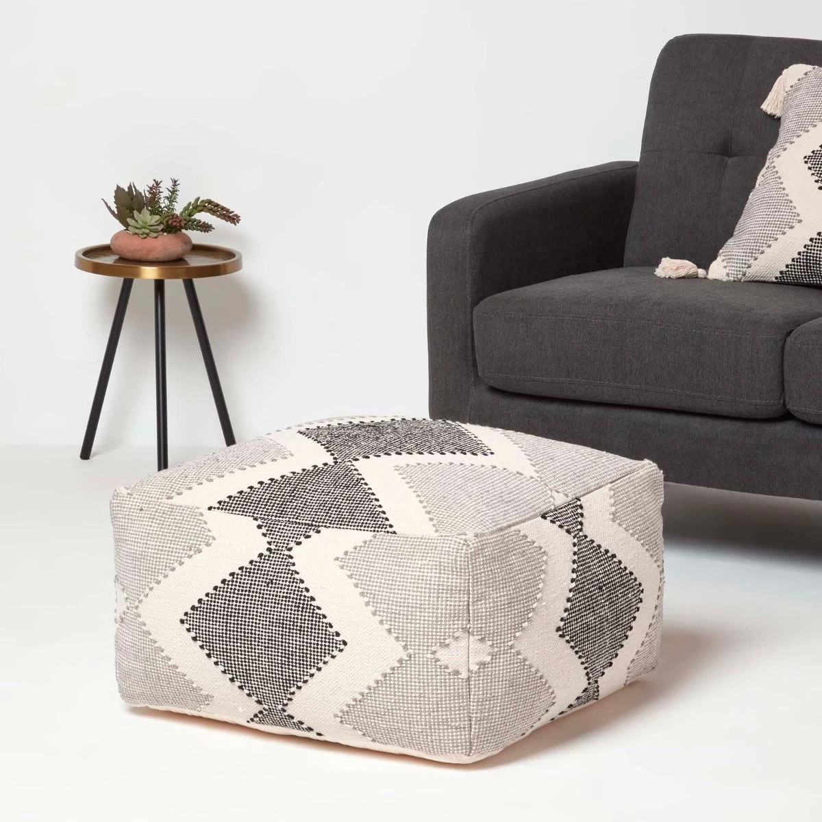 Malmo Handwoven Textured Grey & Black Pouffe Bean Cube - Image 2