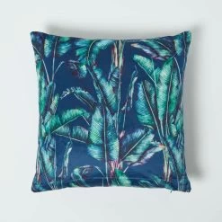 Navy Tropical Banana Leaf Velvet Filled Cushion 46 X 46 Cm