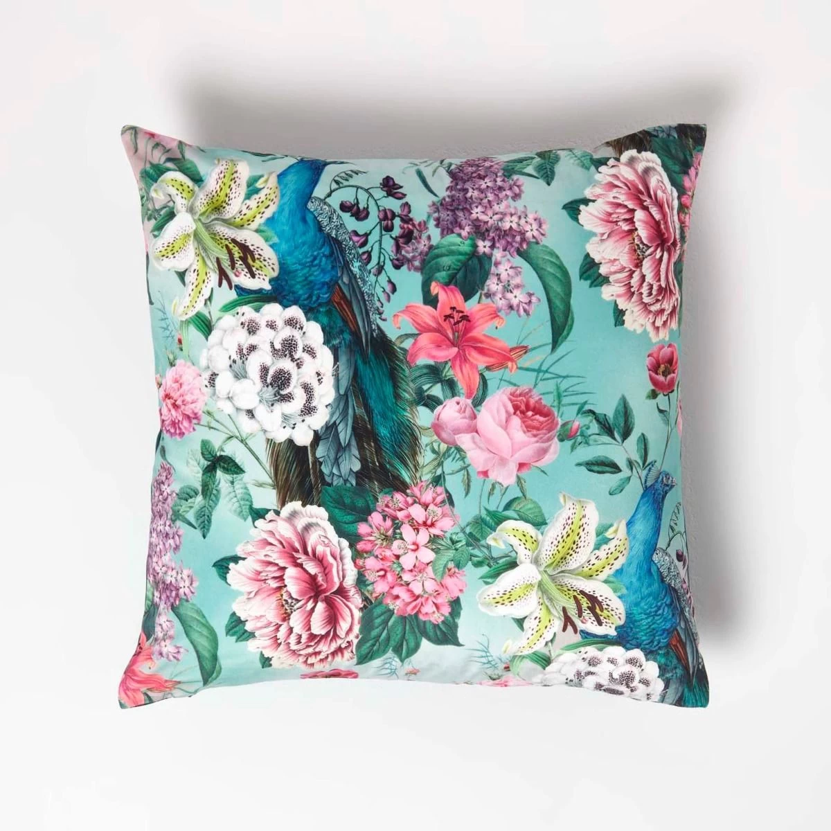 Floral Peacock Pink & Green Filled Velvet Cushion 46 X 46 Cm