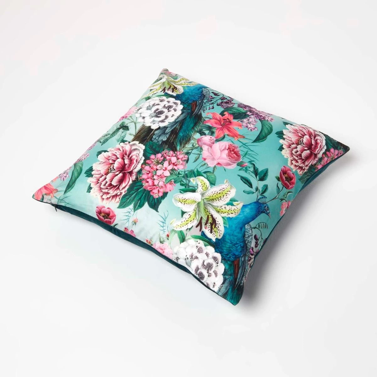 Floral Peacock Pink & Green Filled Velvet Cushion 46 X 46 Cm - Image 5