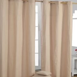 Cotton Plain Beige Ready Made Eyelet Curtain Pair